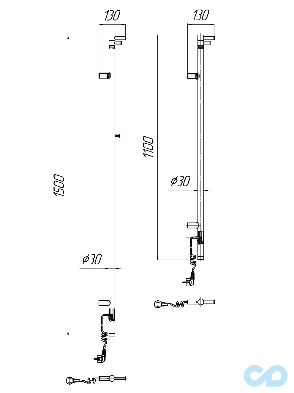 чертеж Полотенцесушитель электрический Mario Рей-I 1100x30 (4820111354139)