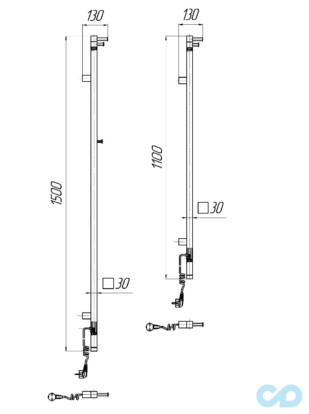 чертеж Полотенцесушитель электрический Mario Рей Кубо-I 1100x30 (4820111354283)