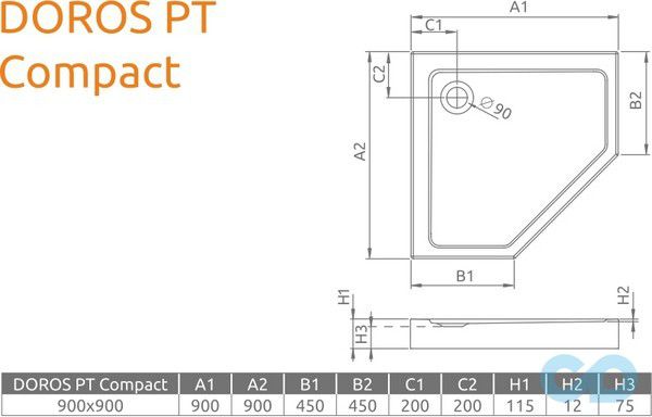креслення Душовий піддон Radaway Doros PT Compact 90x90 (SDRPTP9090-05