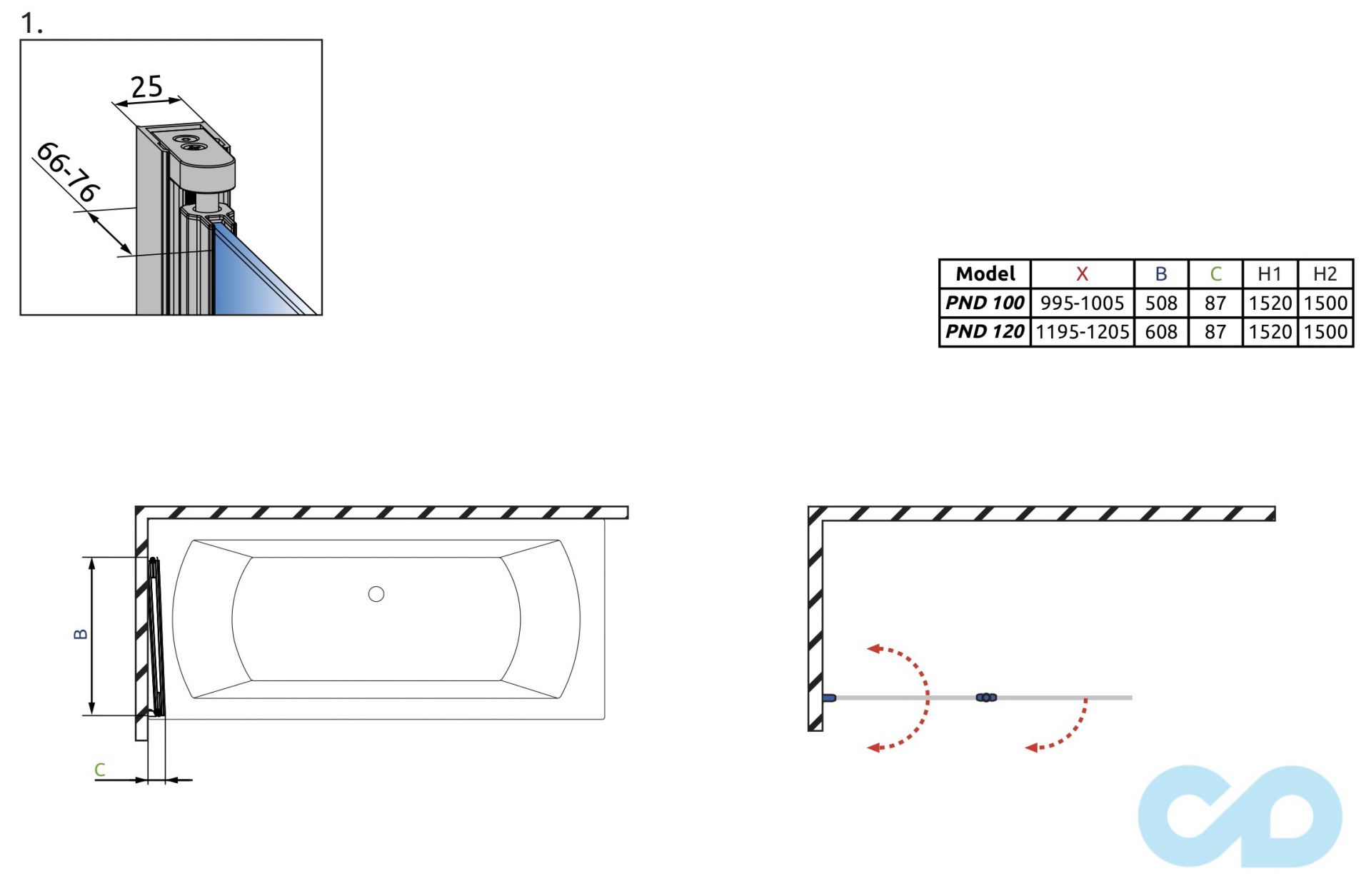 креслення Шторки на ванну Radaway Fuenta New PND 120 ліві (208212-01L