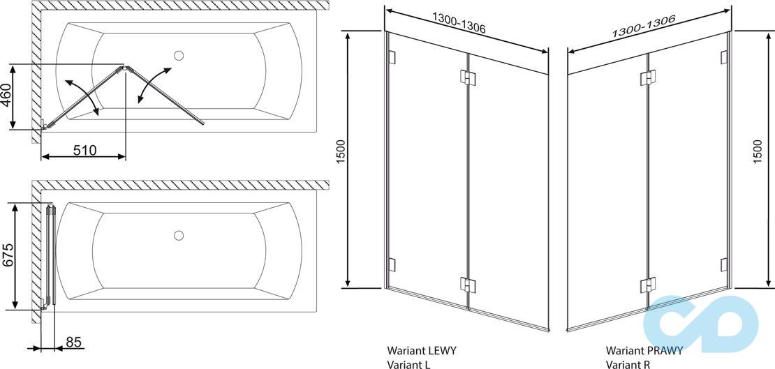 креслення Шторки на ванну Radaway Carena PND ліва (202201-101L
