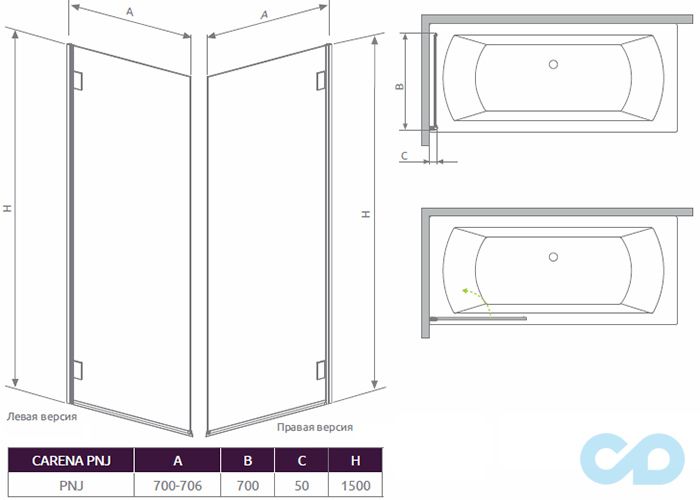 креслення Шторкa для ванни Radaway Carena PNJ права (202101-108R) коричнева