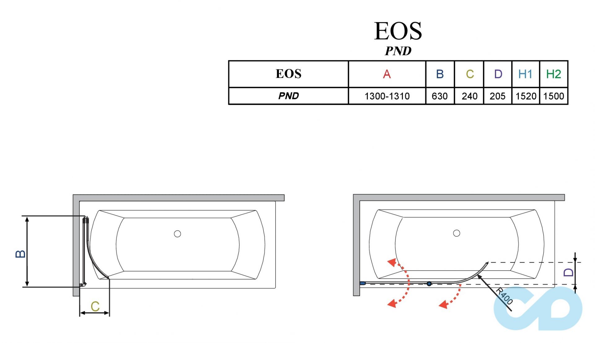 креслення Шторкa для ванни Radaway Eos PND права (205202-101R