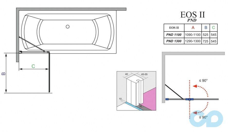 креслення Шторка для ванни Radaway Eos II PND 130 ліва (206213-01L
