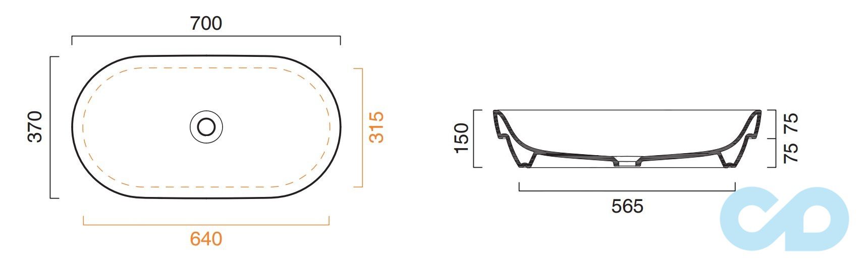 розміри раковина полувстраіваемие catalano sfera 170asf00