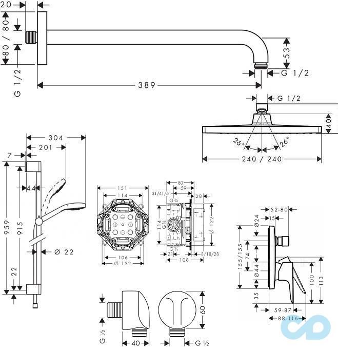 креслення Душова система Hansgrohe Talis E 71405002