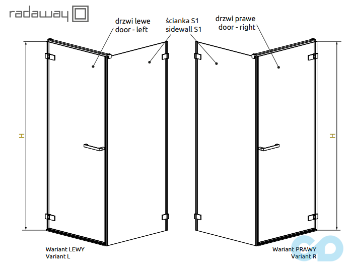 технічна схема Душова кабіна Radaway Arta KDJ I ліва 90 + S1 90 (386082-03-01L + 386021-03-01