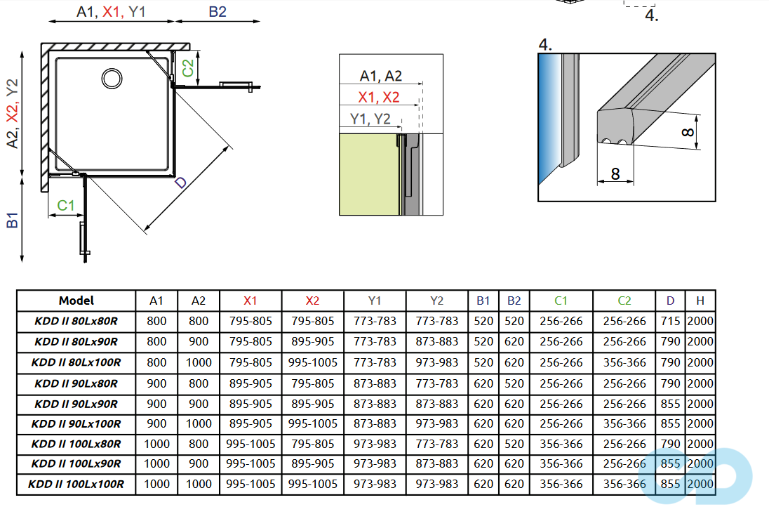 креслення Душова кабіна Radaway Arta KDD II 80x80 двері G 520 ліва/права + стінка 235 ліва/права (386170-03-01L/R + 386420-03-01L/R