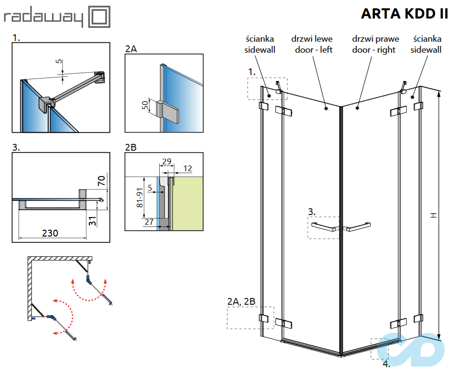 технічна схема Душова кабіна Radaway Arta KDD II 80x80 двері G 520 ліва/права + стінка 235 ліва/права (386170-03-01L/R + 386420-03-01L/R
