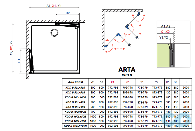 креслення Душова кабіна Radaway Arta KDD B 80x80 c подвійними дверима (386160-03-01L + 386160-03-01R