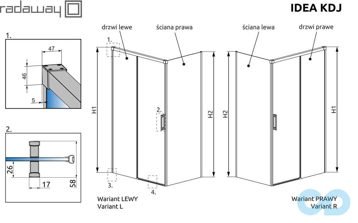 технічна схема Душова кабіна Radaway Idea KDJ 100 х 80 (387040-01-01L + 387051-01-01R)