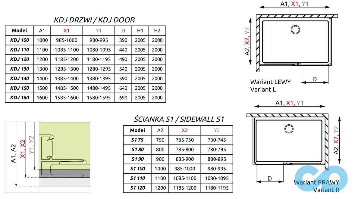 креслення Душова кабіна Radaway Idea KDJ 100 х 120 (387040-01-01L + 387054-01-01R)