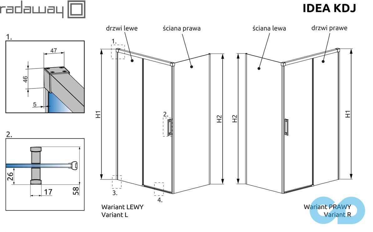 технічна схема Душова кабіна Radaway Idea KDJ 140 х 90 (387044-01-01L + 387050-01-01R
