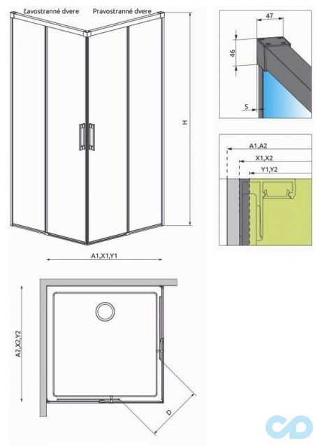 технічна схема Душова кабіна Radaway Idea KDD 90 x 90 (387060-01-01L + 387060-01-01R
