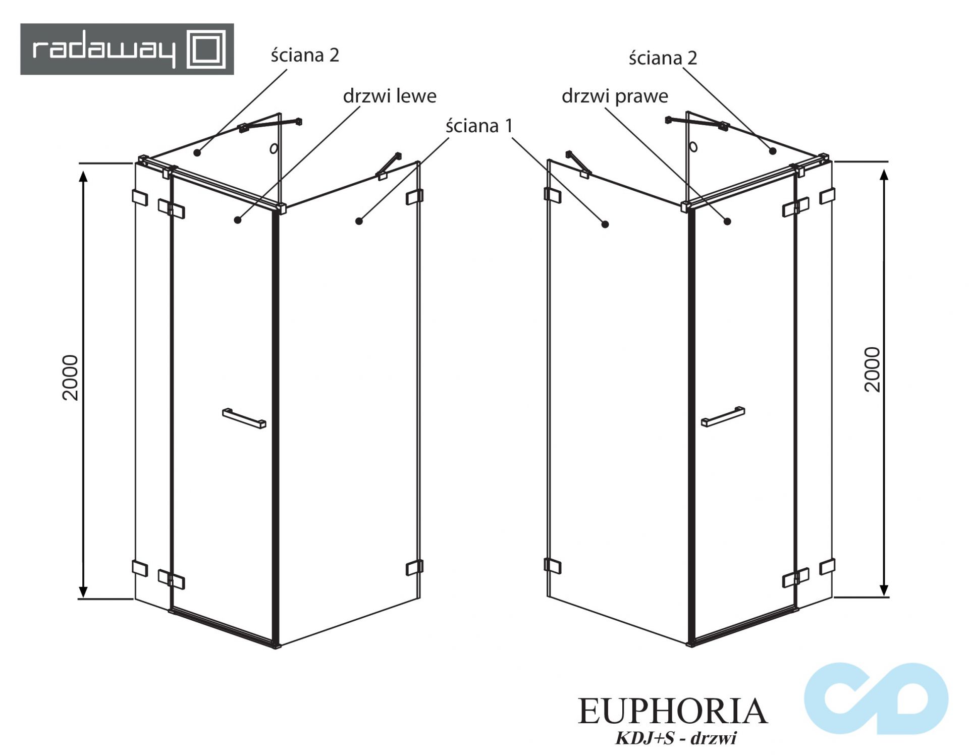 технічна схема Душова кабіна Radaway Euphoria KDJ 100 + S1 100 (383040-01L/R + 383052-01