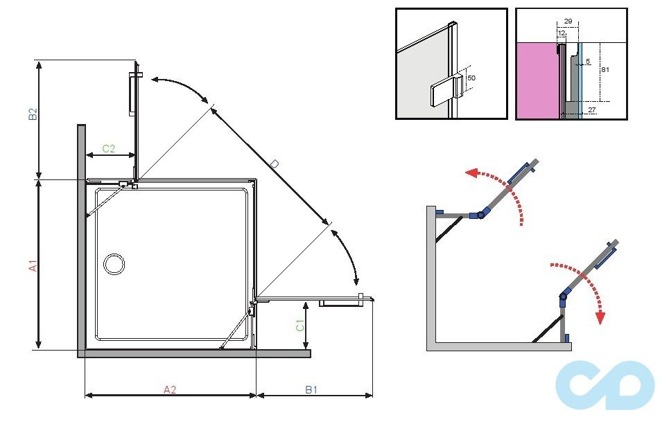 технічна схема Душова кабіна Radaway Euphoria KDD 80x80 (383061-01L + 383061-01R