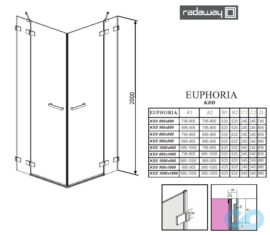 креслення Душова кабіна Radaway Euphoria KDD 90x90 (383060-01L + 383060-01R