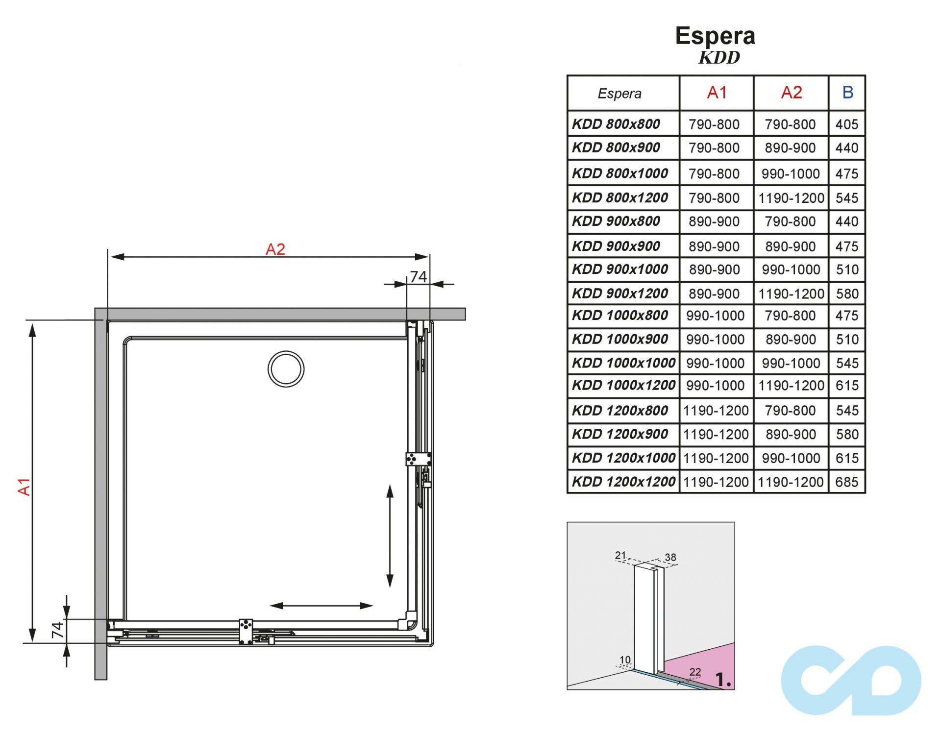 креслення Душова кабіна Radaway Espera KDD 100x100 (380152-01L + 380152-01R
