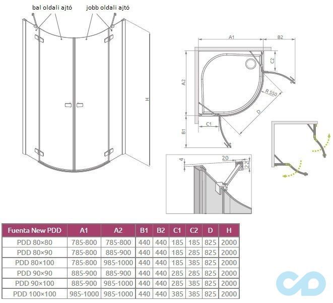 креслення Душова кабіна Radaway Fuenta New PDD 90х90 (384001-01-01L + 384001-01-01R