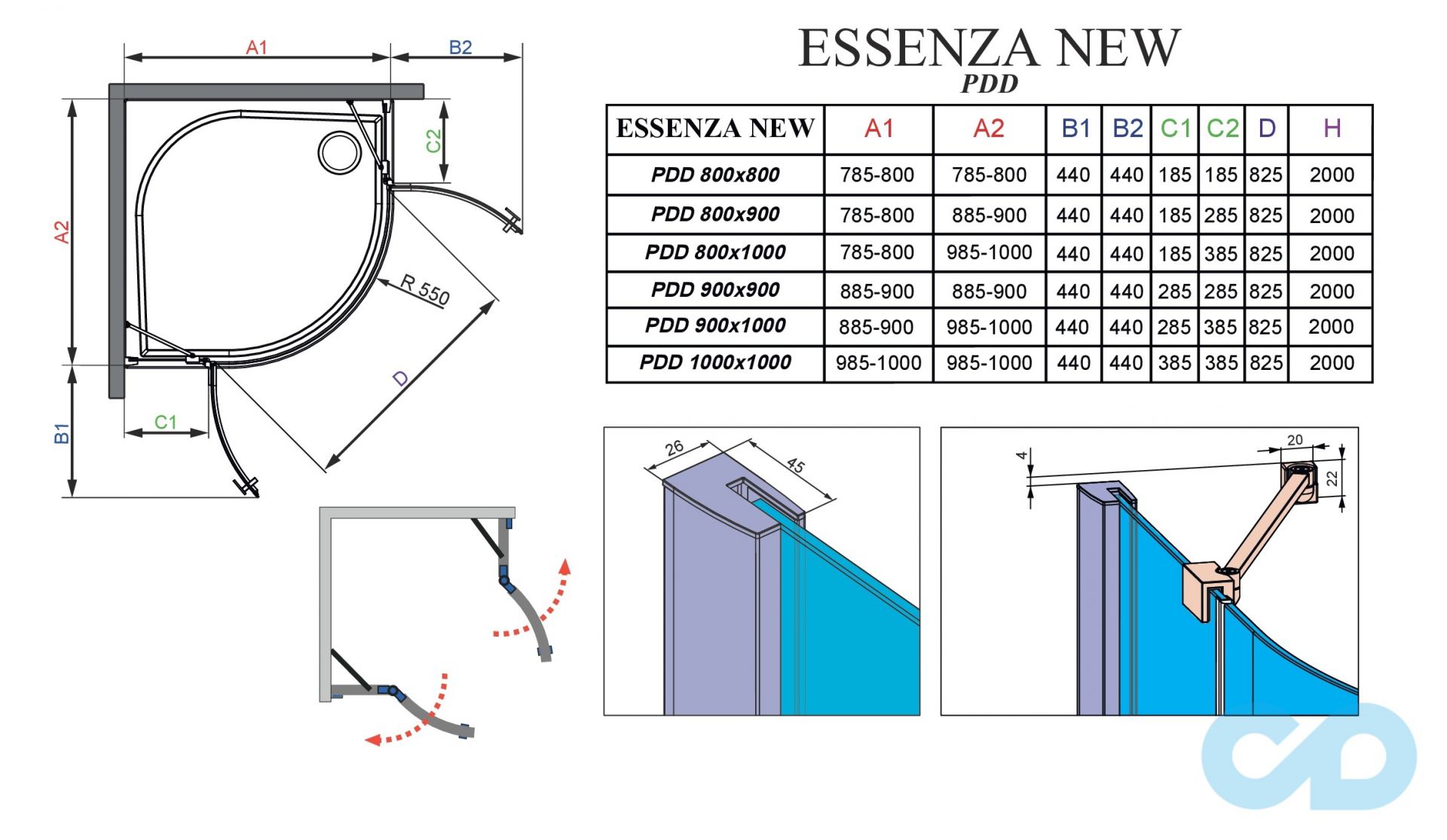 креслення Душова кабіна Radaway Essenza New PDD 80 (385002-01-01L + 385002-01-01R