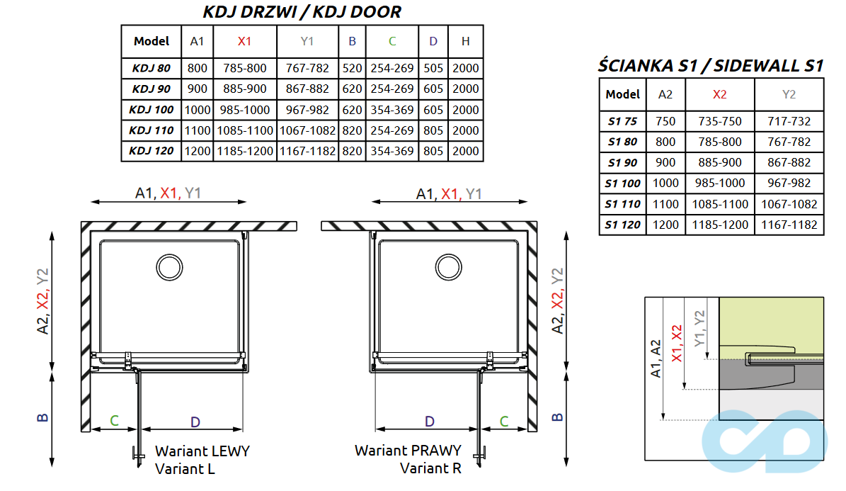креслення Душова кабіна Radaway Essenza New KDJ 80х80 (385043-01-01L + 384051-01-01