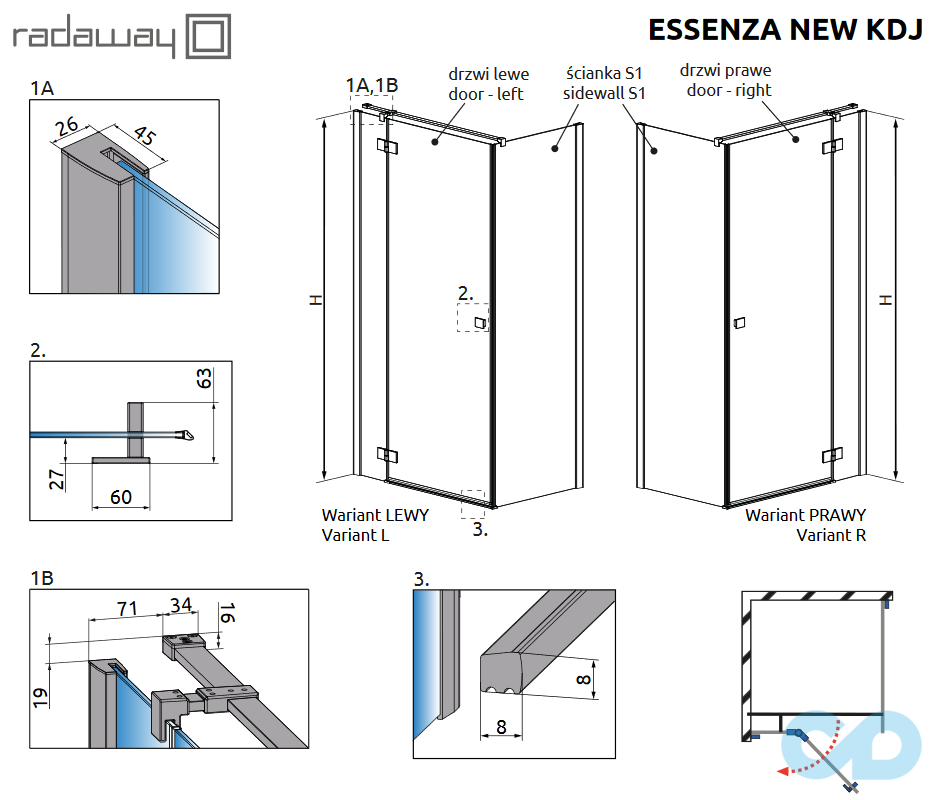 технічна схема Душова кабіна Radaway Essenza New KDJ 80х80 (385043-01-01L + 384051-01-01