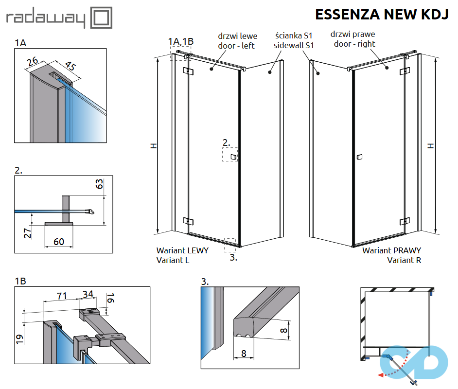 технічна схема Душова кабіна Radaway Essenza New KDJ 100х100 (385040-01-01L + 384052-01-01