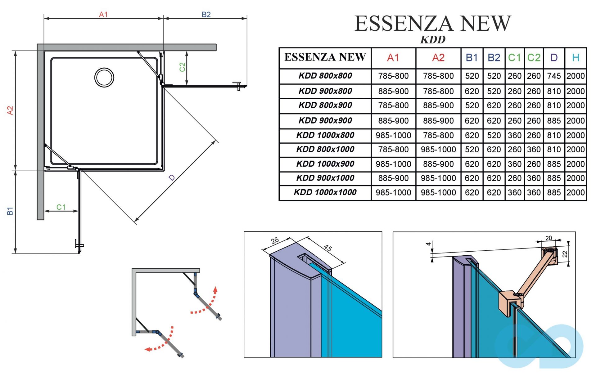 креслення Душова кабіна Radaway Essenza New KDD 90х90 (385060-01-01L + 385060-01-01R