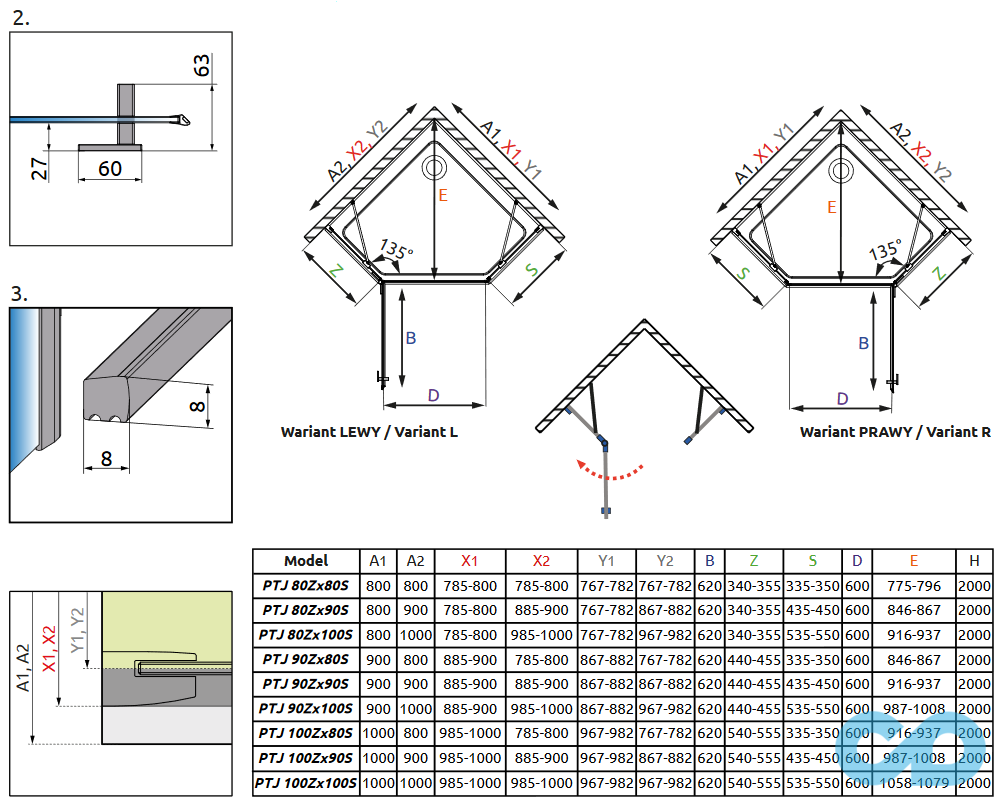 чертеж Душевая кабина Radaway Essenza New PTJ 90 (385010-01-01L + 385050-01-01)