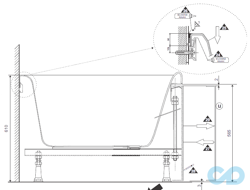 креслення Кріплення для ванни Ravak You B20100000N