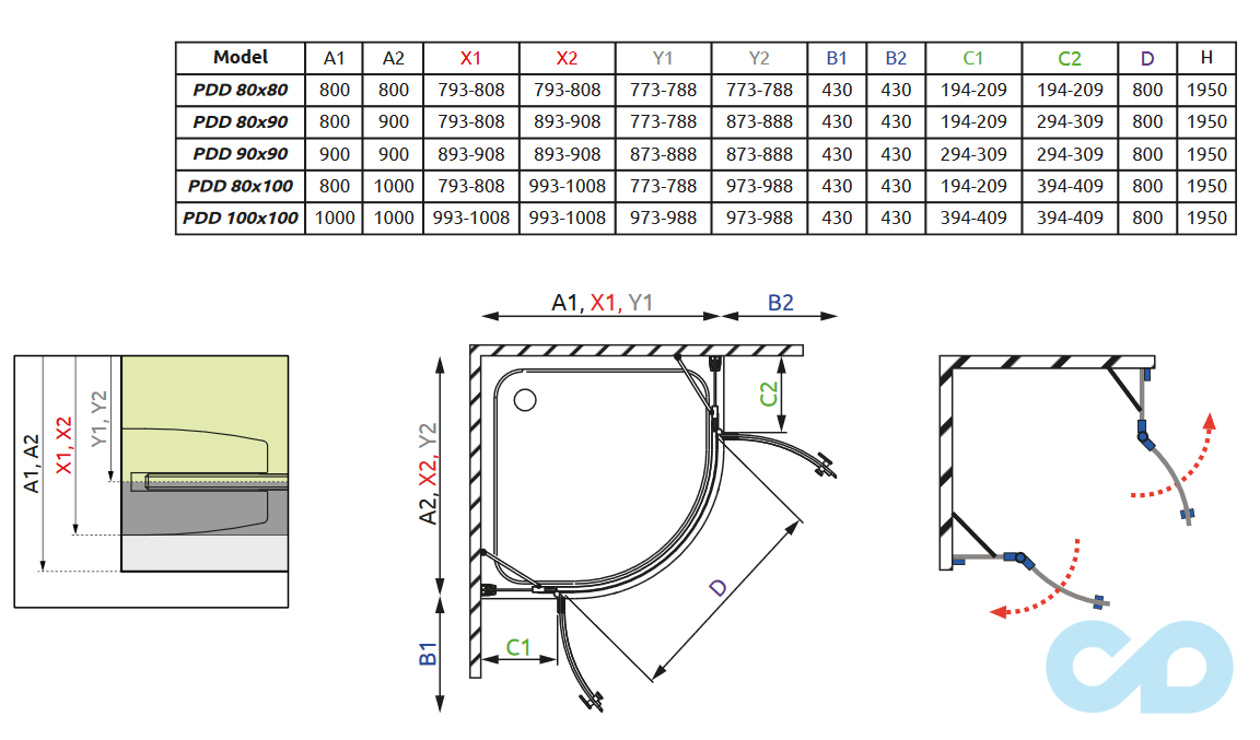 креслення Душова кабіна Radaway Almatea PDD 90 (30502-01-01N