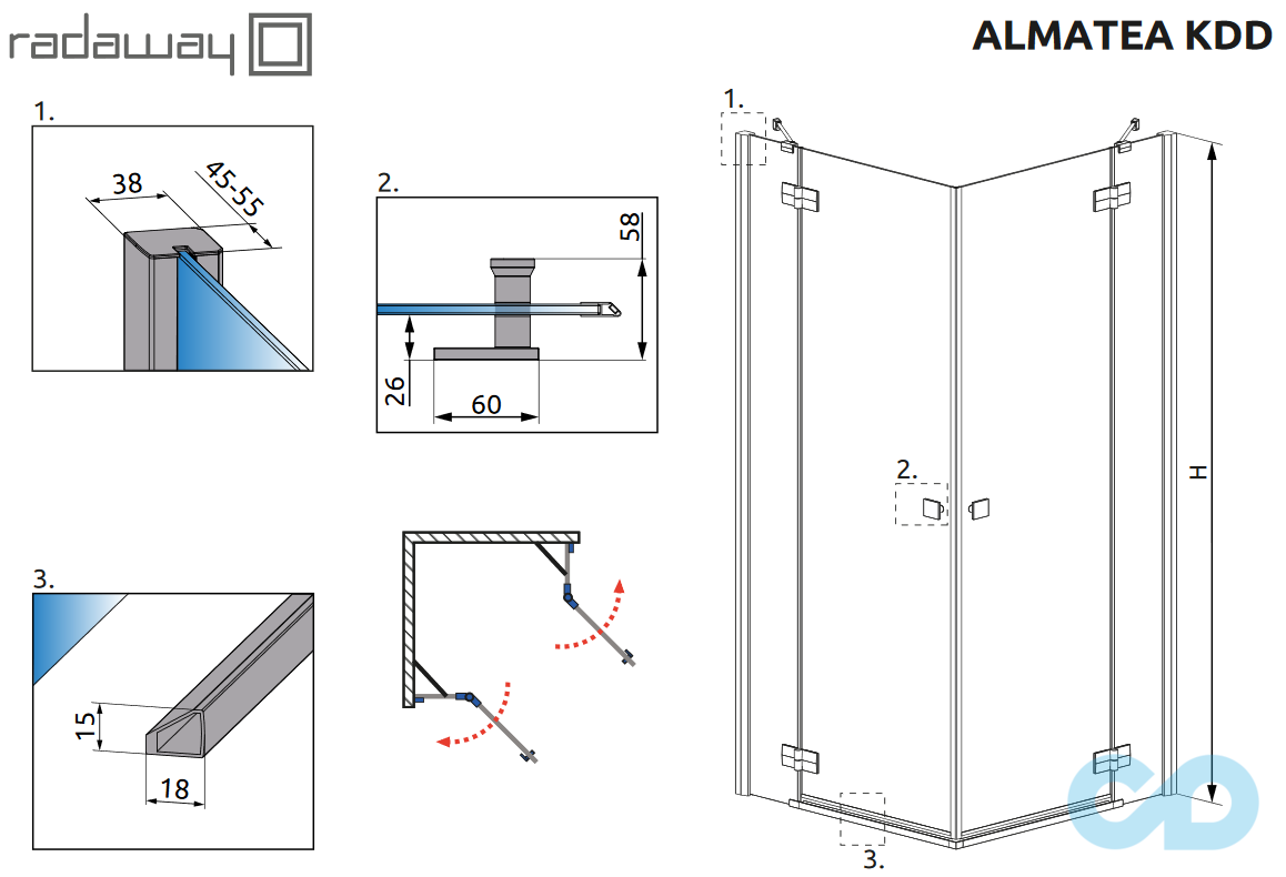 технічна схема Душова кабіна Radaway Almatea KDD 90х80 (32187-01-01N