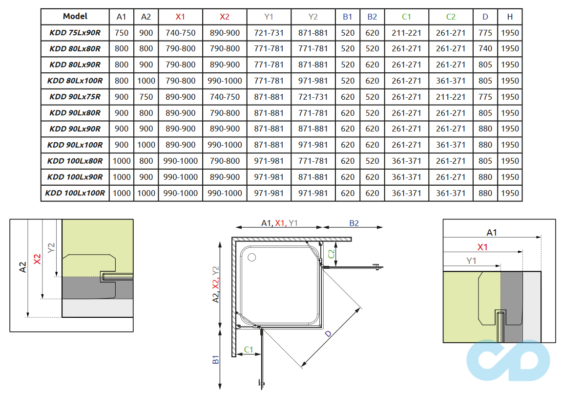 креслення Душова кабіна Radaway Almatea KDD 100х90 (32183-01-01N
