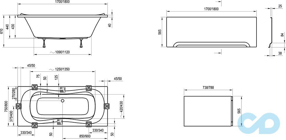 креслення Фронтальна панель Ravak U 170 CZ001V0A00