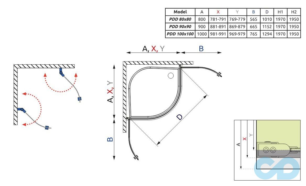 креслення Душові двері Radaway Eos PDD 80х80 (37613-01-01N