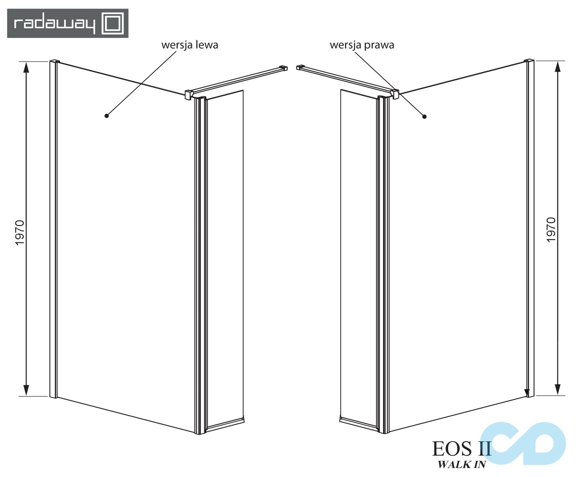 технічна схема Душова кабіна Radaway Eos II Walk-in 90 ліва 3799501-01L