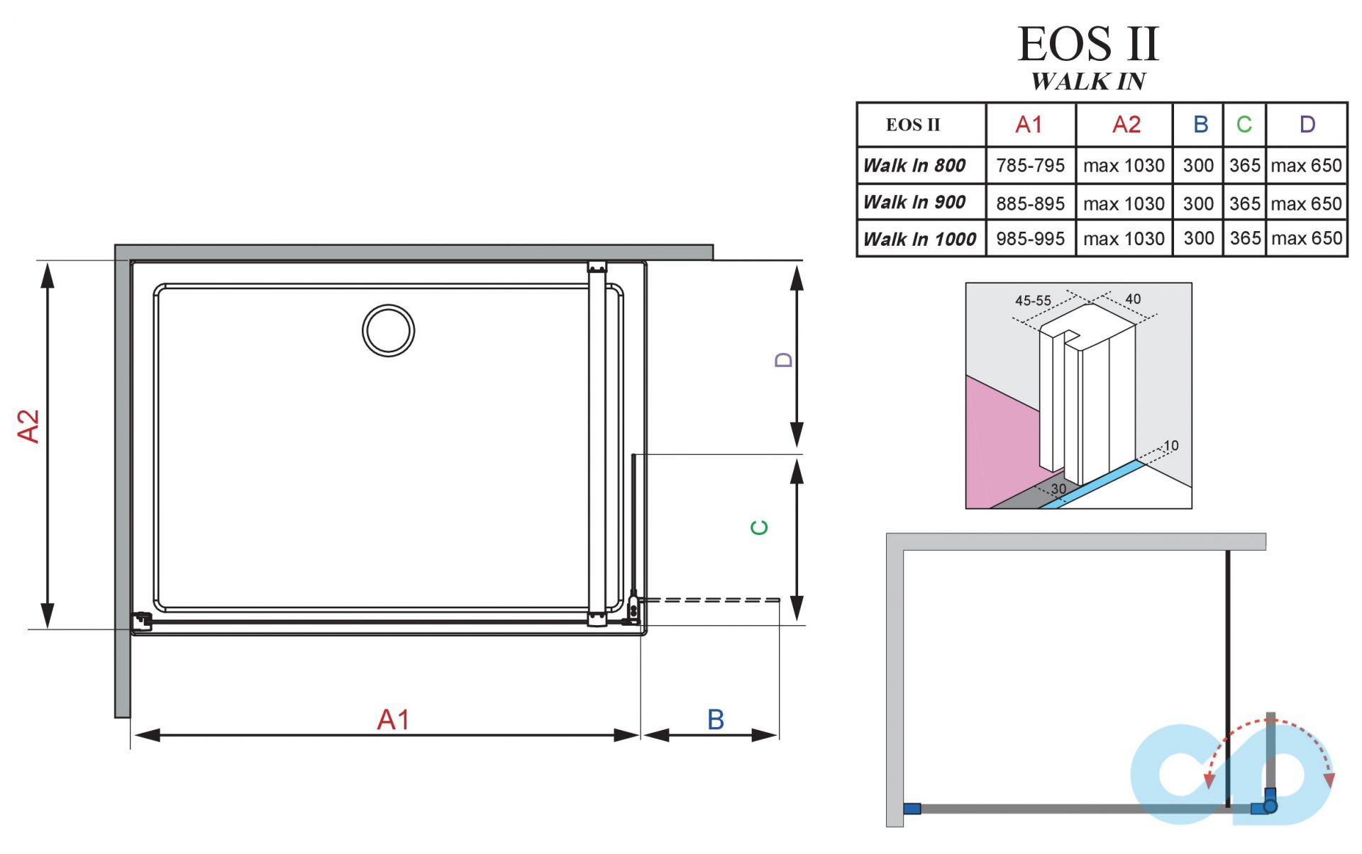 креслення Душова кабіна Radaway Eos II Walk-in 90 ліва 3799501-01L