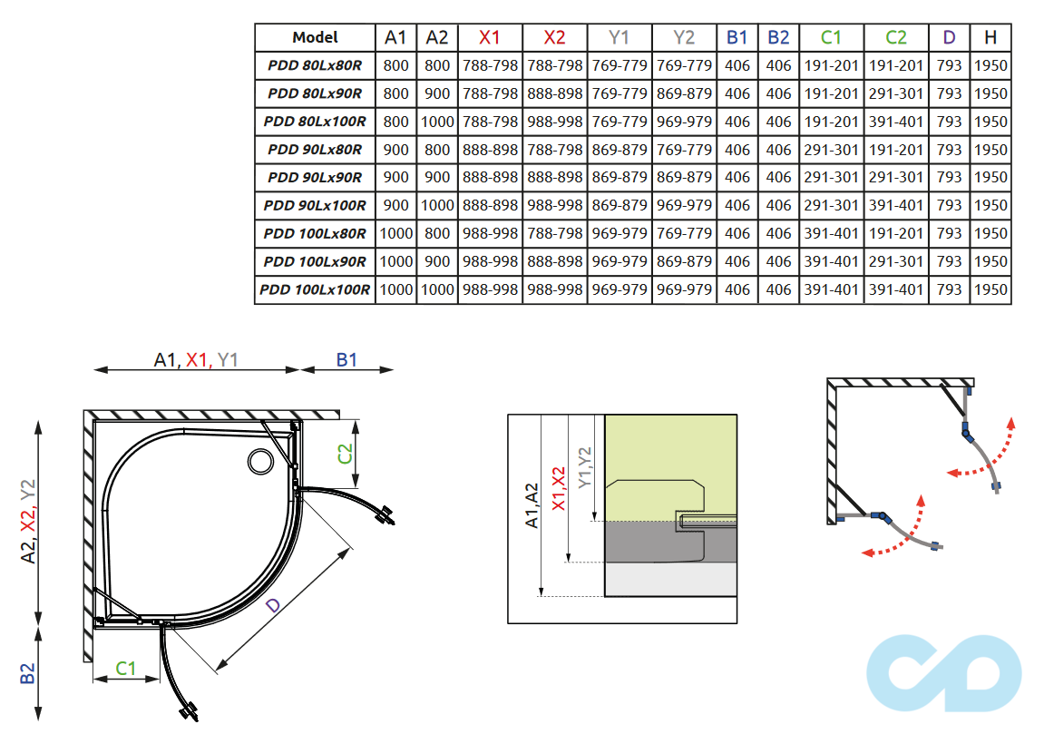 креслення Душова кабіна Radaway Eos II PDD 80 3799470-01L + 3799470-01R