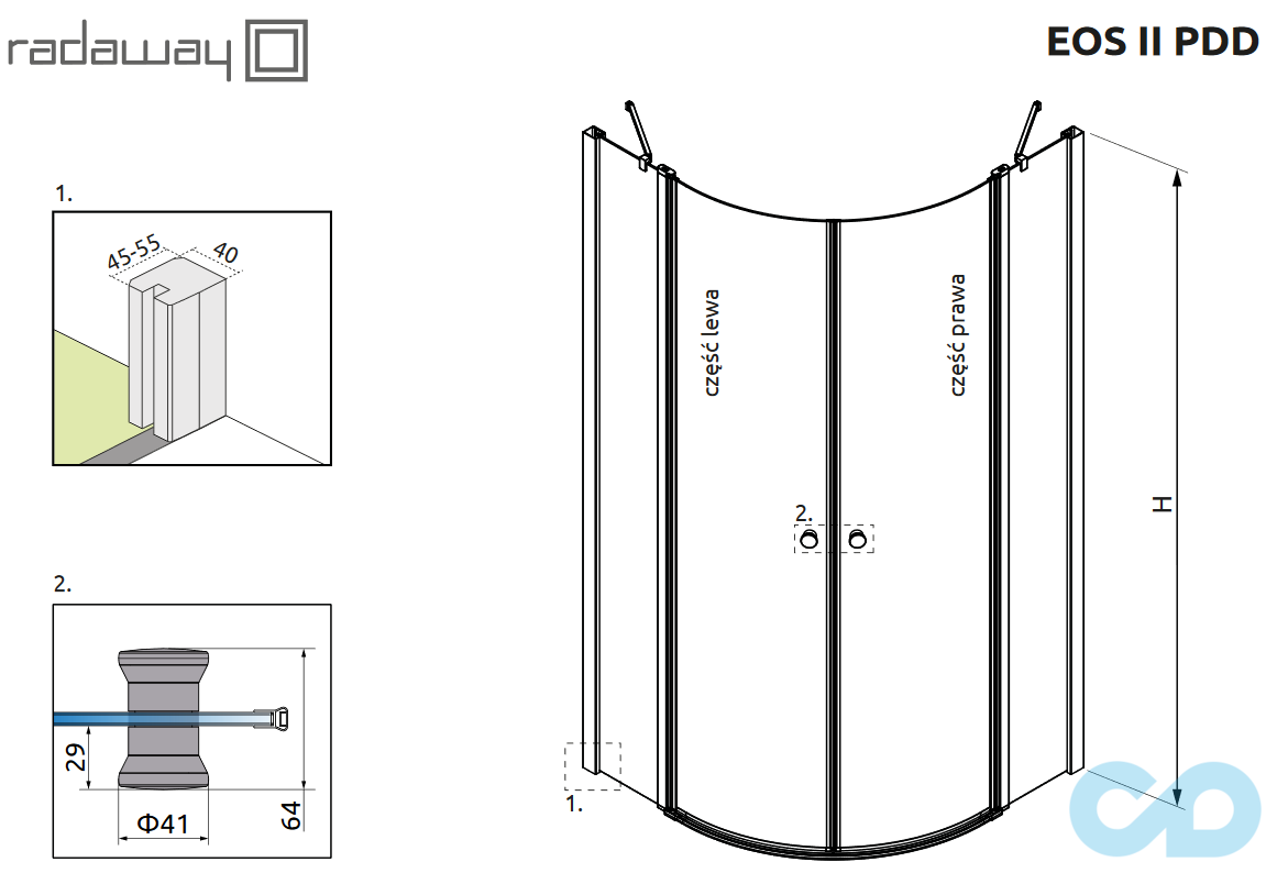 технічна схема Душова кабіна Radaway Eos II PDD 90 3799471-01L + 3799471-01R