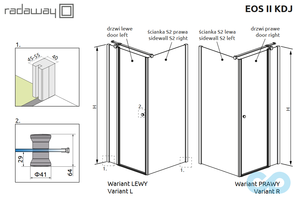 технічна схема Душова кабіна Radaway Eos II KDJ 90 + S2 90 3799421-01L + 3799431-01R