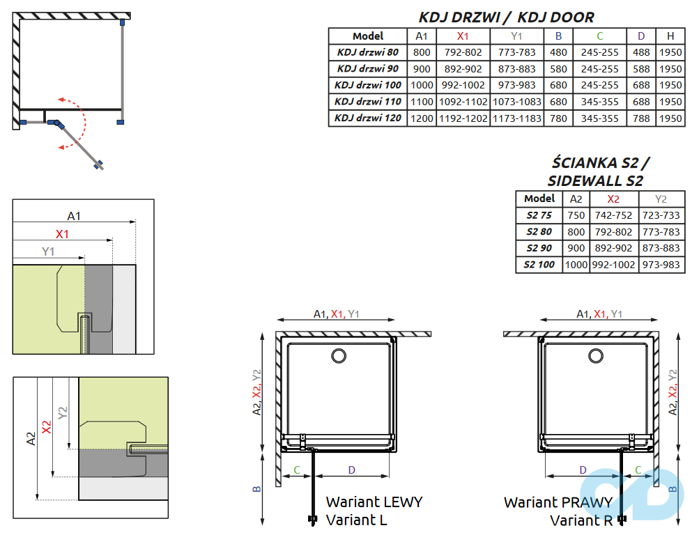 креслення Душова кабіна Radaway Eos II KDJ 110 + S2 100 3799423-01L + 3799432-01R
