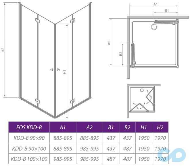 креслення Душова кабіна Radaway Eos II KDD 100х100 3799462-01L + 3799462-01R
