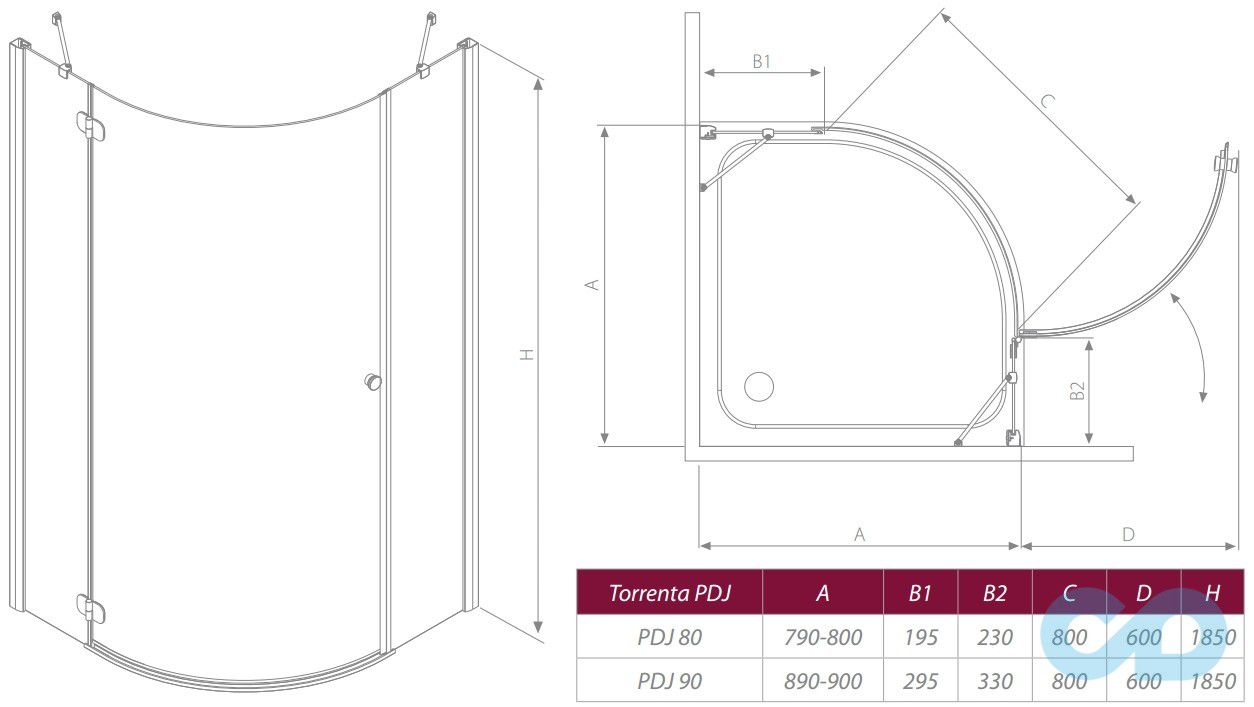креслення Душова кабіна Radaway Torrenta PDJ 80 ліва 31710-01-01N
