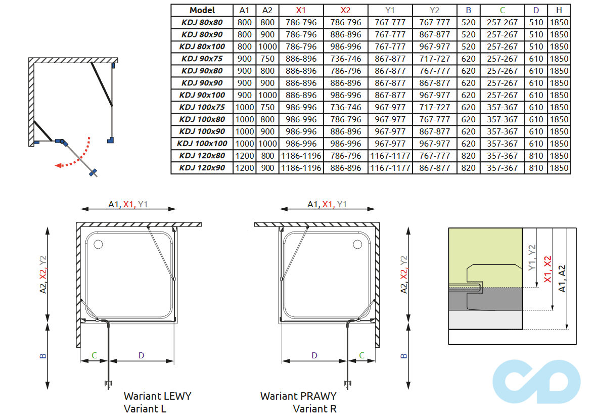 креслення Душова кабіна Radaway Torrenta KDJ 90 ліва x 90 32202-01-01NL
