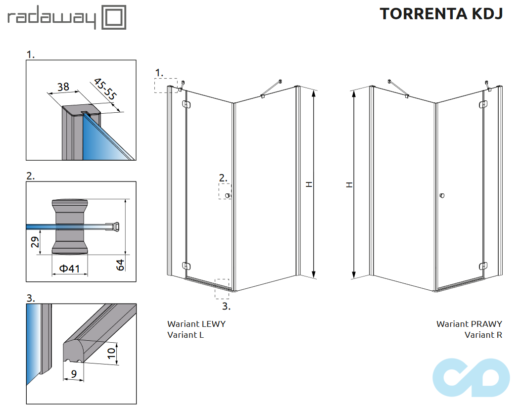 технічна схема Душова кабіна Radaway Torrenta KDJ 90 ліва x 90 32202-01-01NL