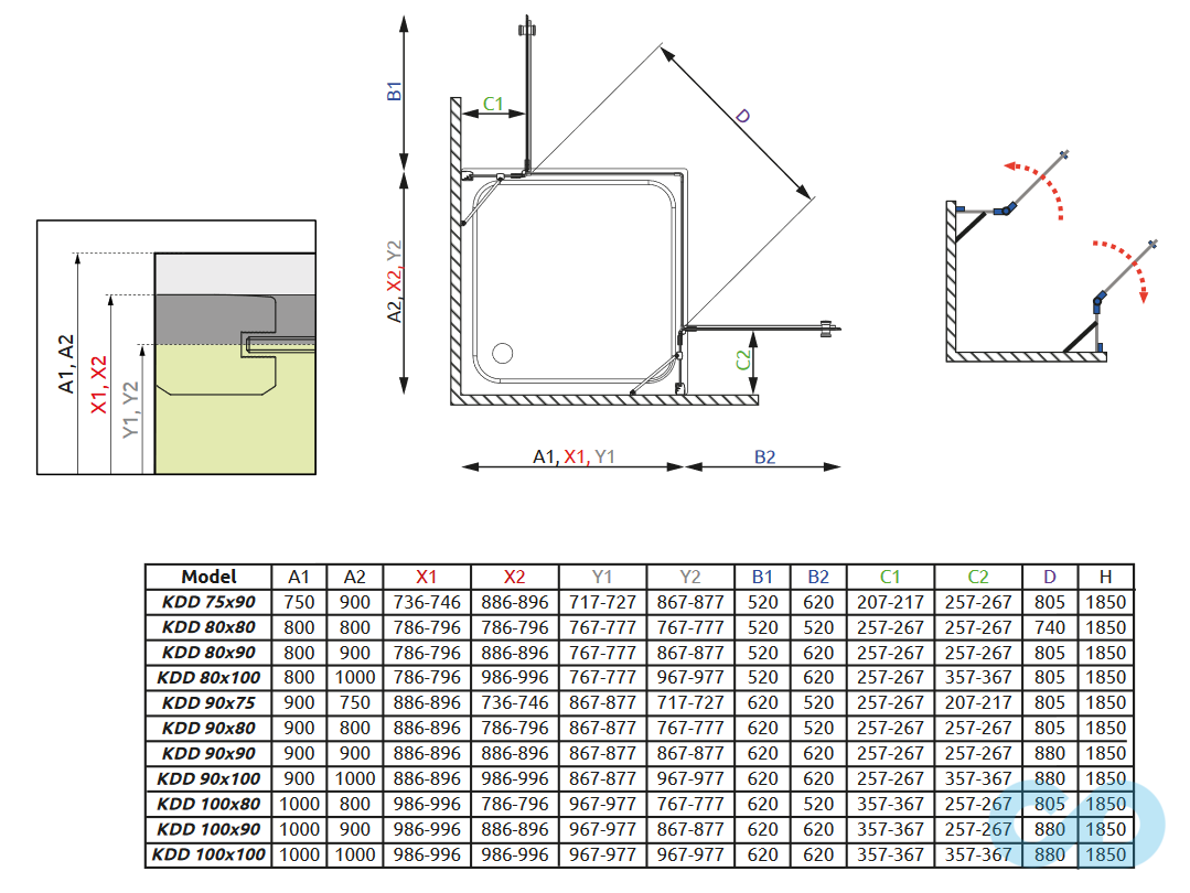 креслення Душова кабіна Radaway Torrenta KDD 90 ліва х 80 права 32777-01-01NL