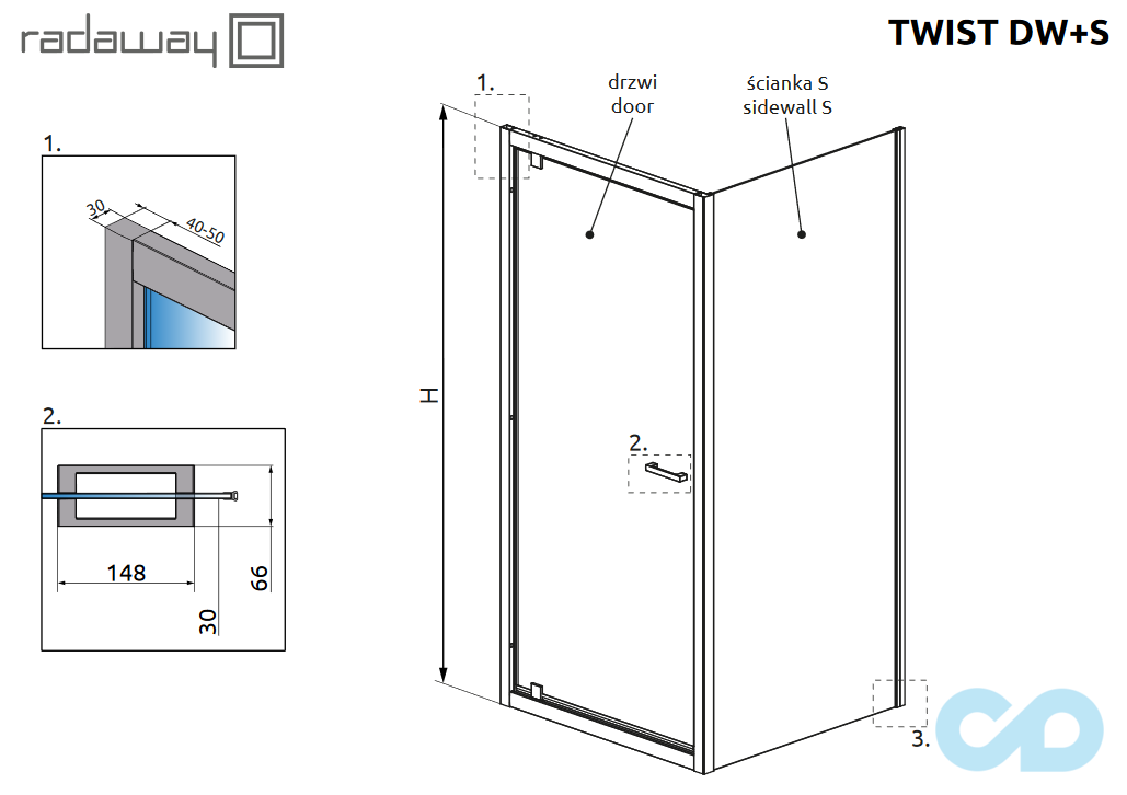 технічна схему Душова кабіна Radaway Twist DW + S 70х75 382000-01 + 382010-01