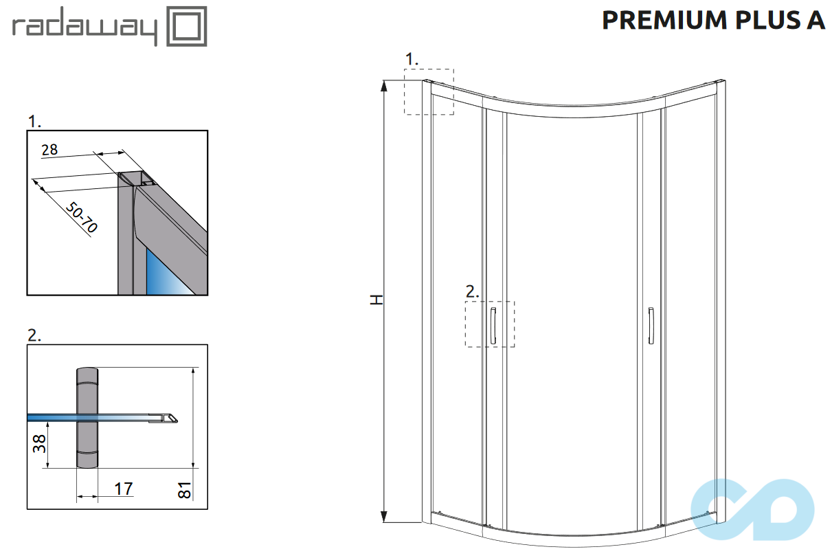 техническая схема Душевая кабина Radaway Premium Plus A 1700 80х80 30411-01-01N
