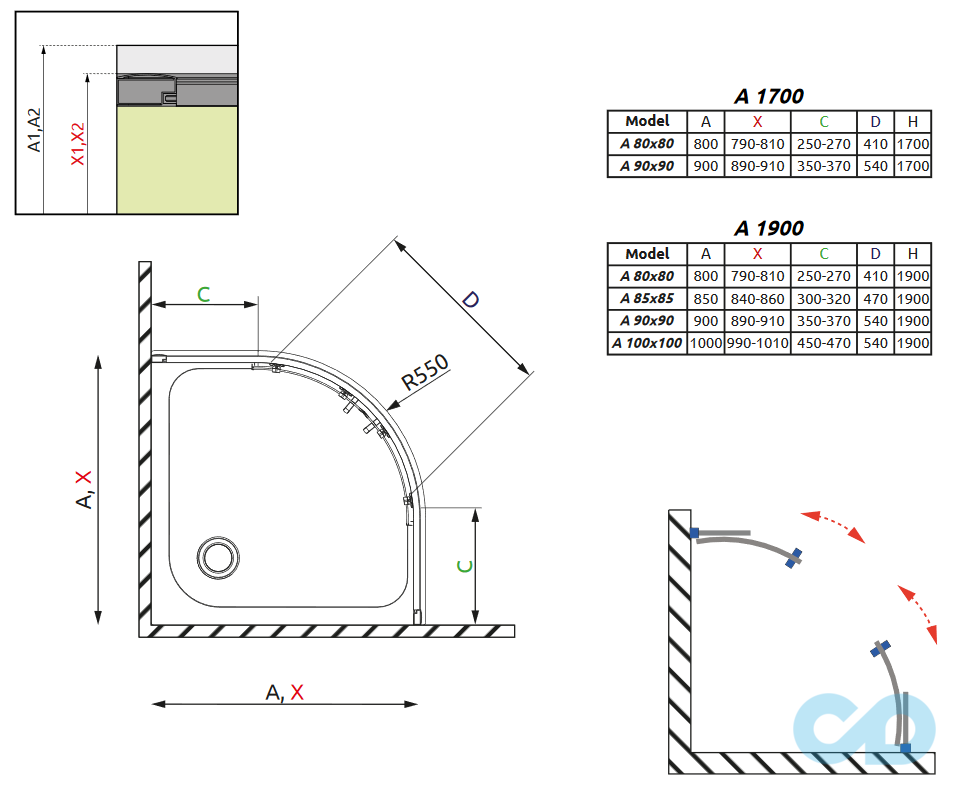 креслення Душова кабіна Radaway Premium Plus A 100 30423-01-01N