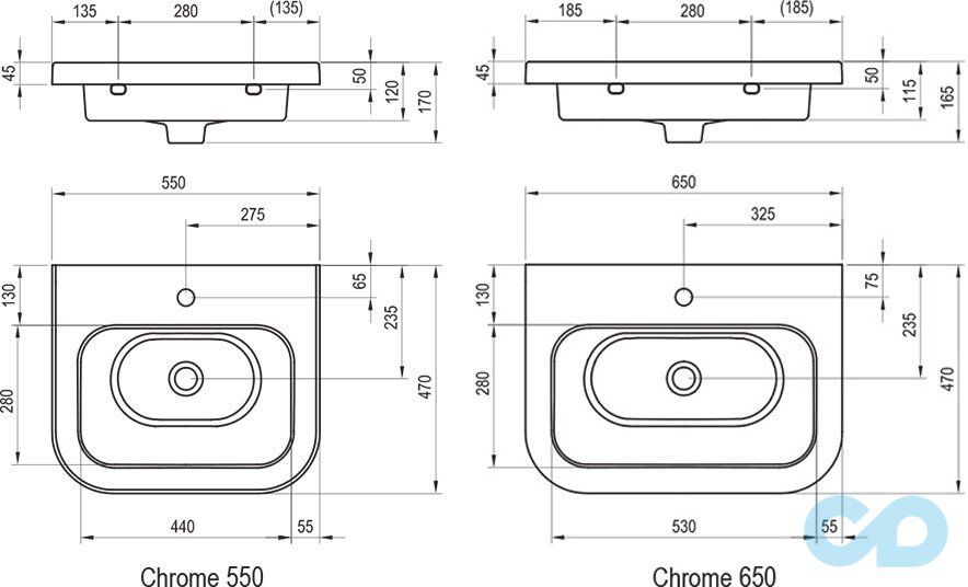 техническая схема Тумба Ravak Chrome SD 550 + умывальник Chrome 550 X000000635 + XJG01155000